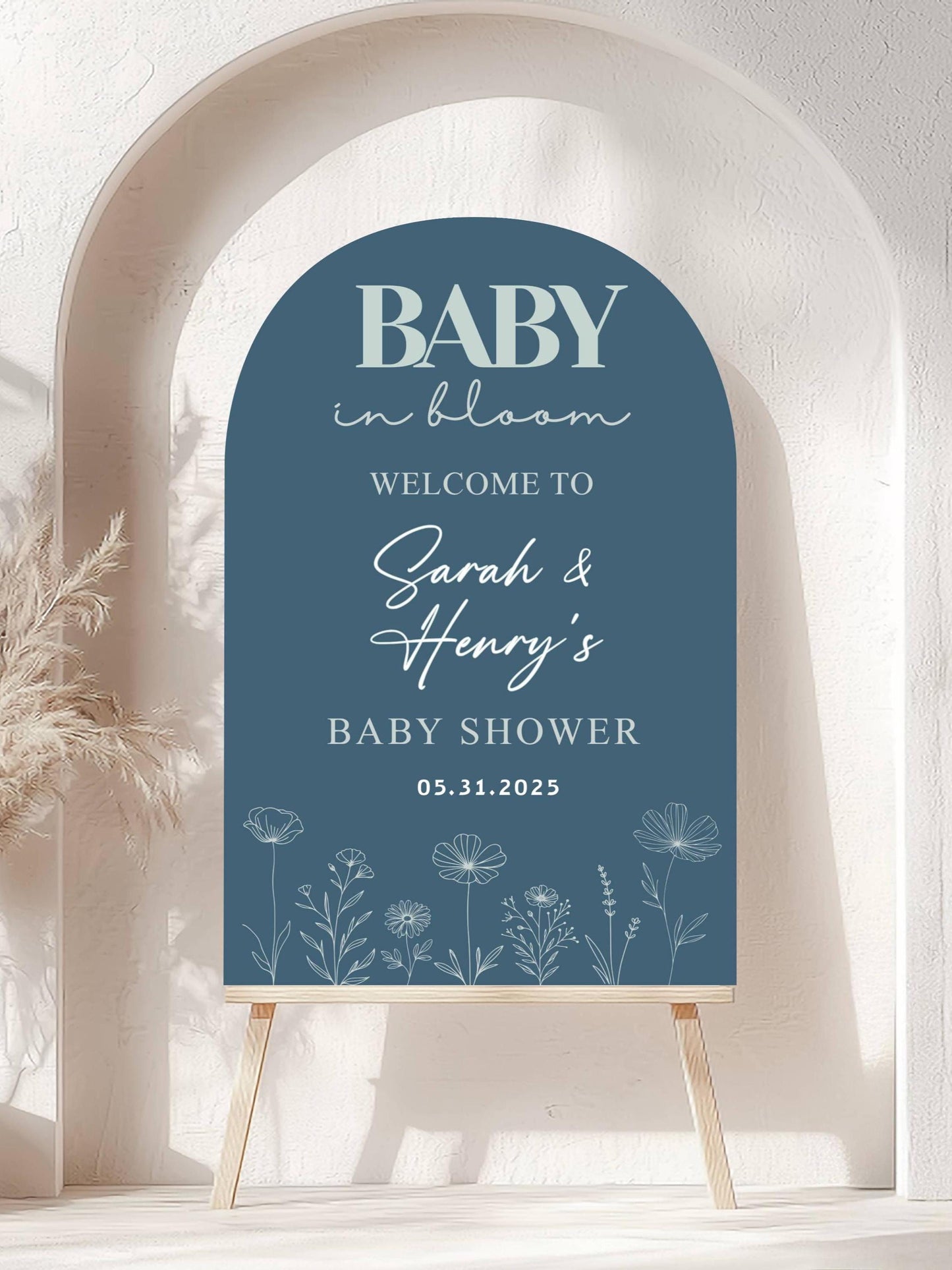 Printed Arch Baby in Bloom Baby Shower Welcome Sign with Wildflowers, Custom Name Foam Board, Modern Blue Baby Boy Decor, Personalized Sign