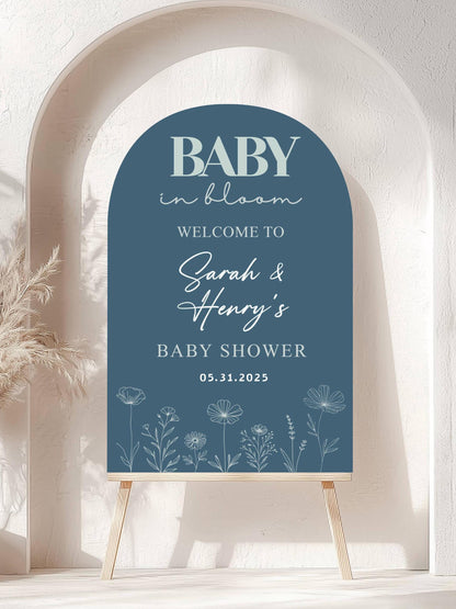 Printed Arch Baby in Bloom Baby Shower Welcome Sign with Wildflowers, Custom Name Foam Board, Modern Blue Baby Boy Decor, Personalized Sign