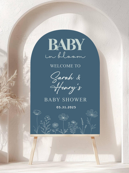 Printed Arch Baby in Bloom Baby Shower Welcome Sign with Wildflowers, Custom Name Foam Board, Modern Blue Baby Boy Decor, Personalized Sign