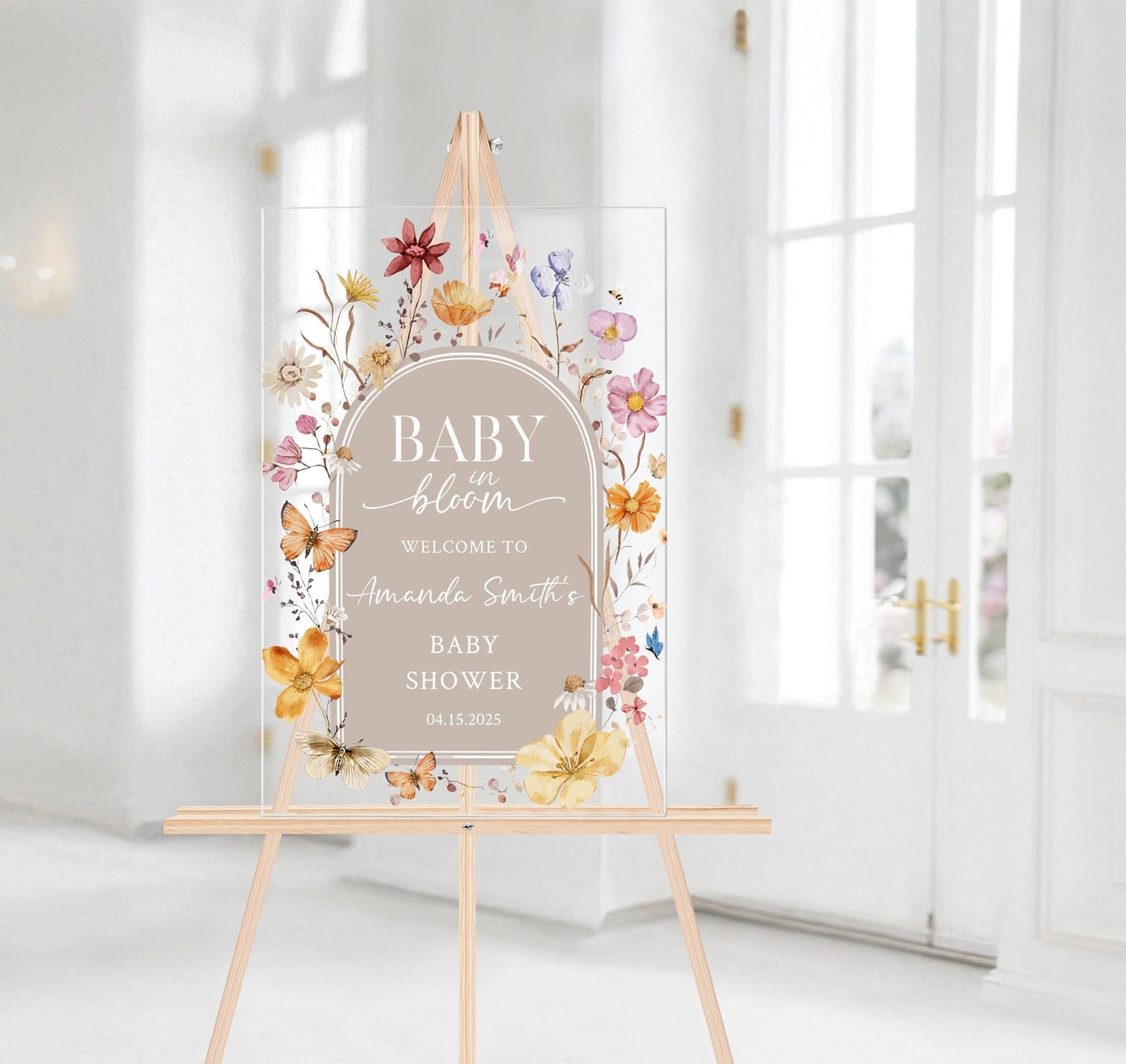 Baby in Bloom Acrylic Baby Shower Sign – Personalized Floral Welcome Sign for Spring Baby Shower