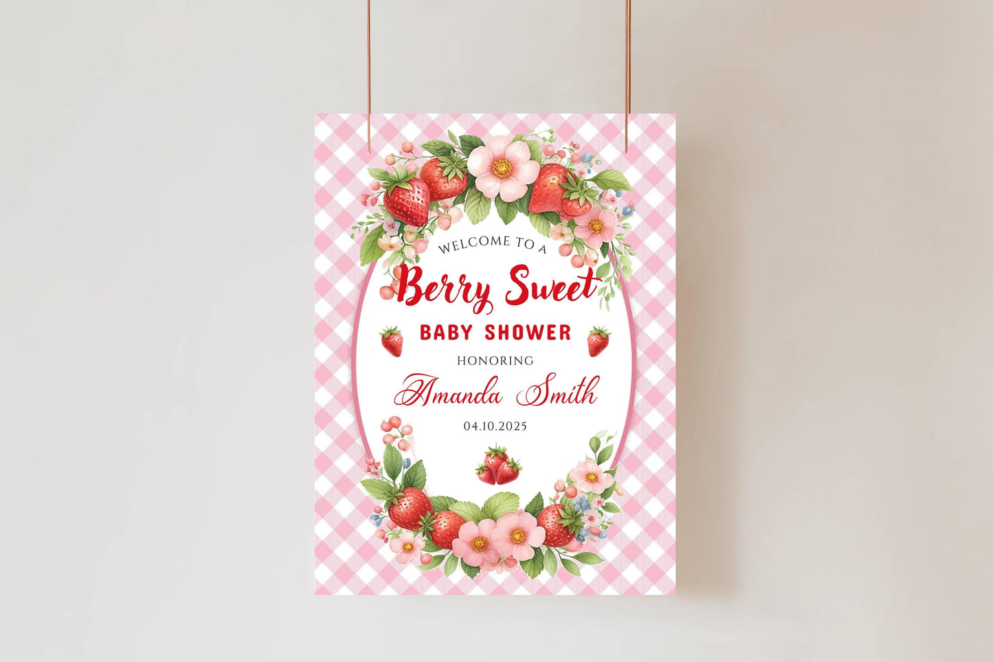 Printed Berry Sweet Baby Shower Foam Board Sign – Strawberry Theme Welcome, Personalized Baby Shower Decor, Girl Baby Shower Decoration