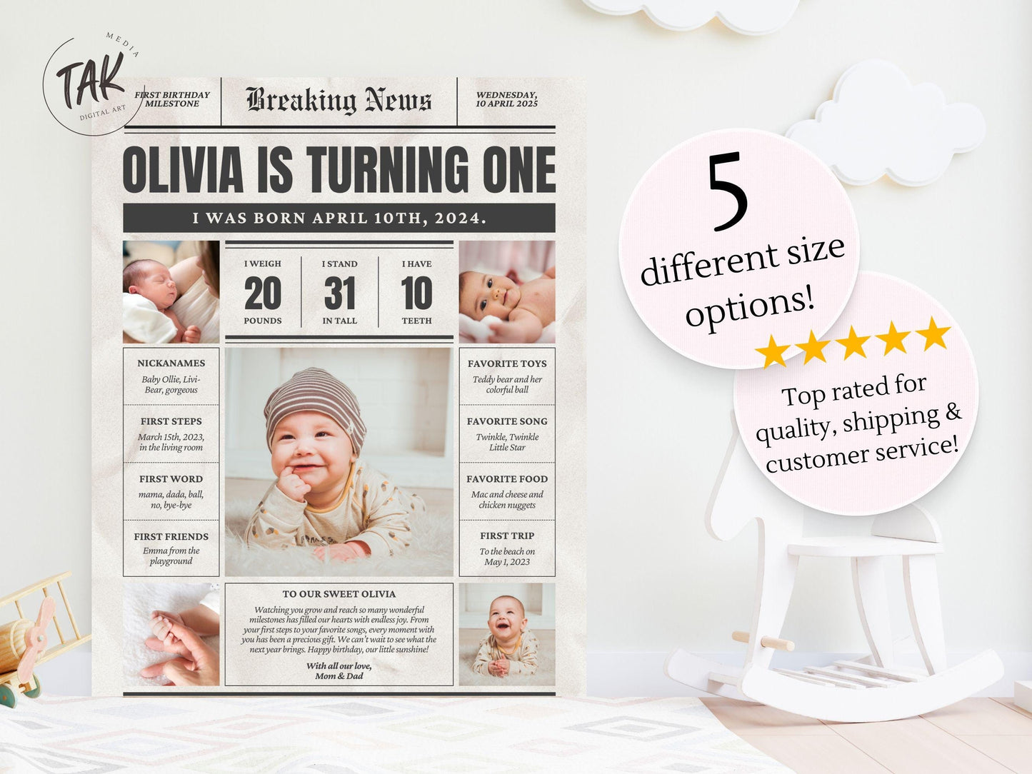 Personalized First Birthday Newspaper Sign – Custom Baby Milestone Foam Board Poster for Girl or Boy, 1st Birthday Party Decor