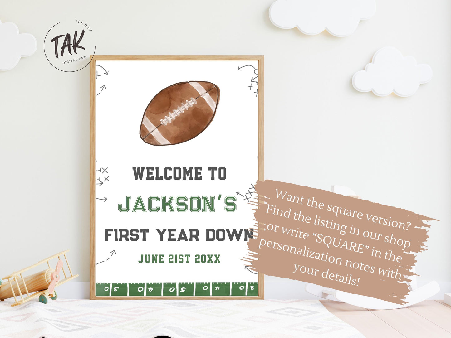 Printed Arch Football First Birthday Welcome Sign, Custom Name Kids Birthday Party Board, Sports Theme Party Foam Board, Boy Birthday Decor