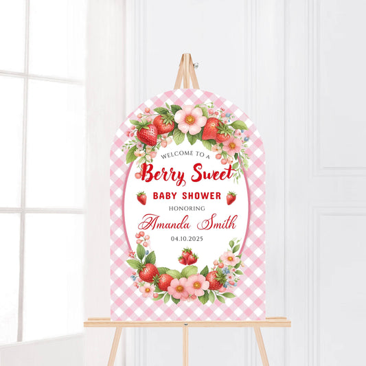 Printed Arch Berry Sweet Baby Shower Foam Board Sign – Strawberry Theme Welcome, Personalized Baby Shower Decor, Girl Baby Shower Decoration