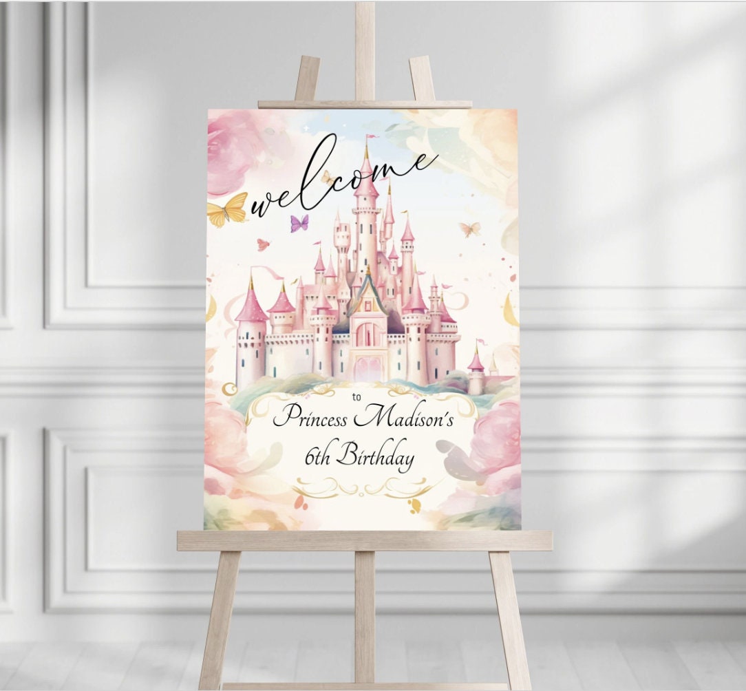 Princess Birthday Welcome Sign, Girls Princess Birthday Party Foam Welcome Sign, Printed Foam Board Welcome Sign