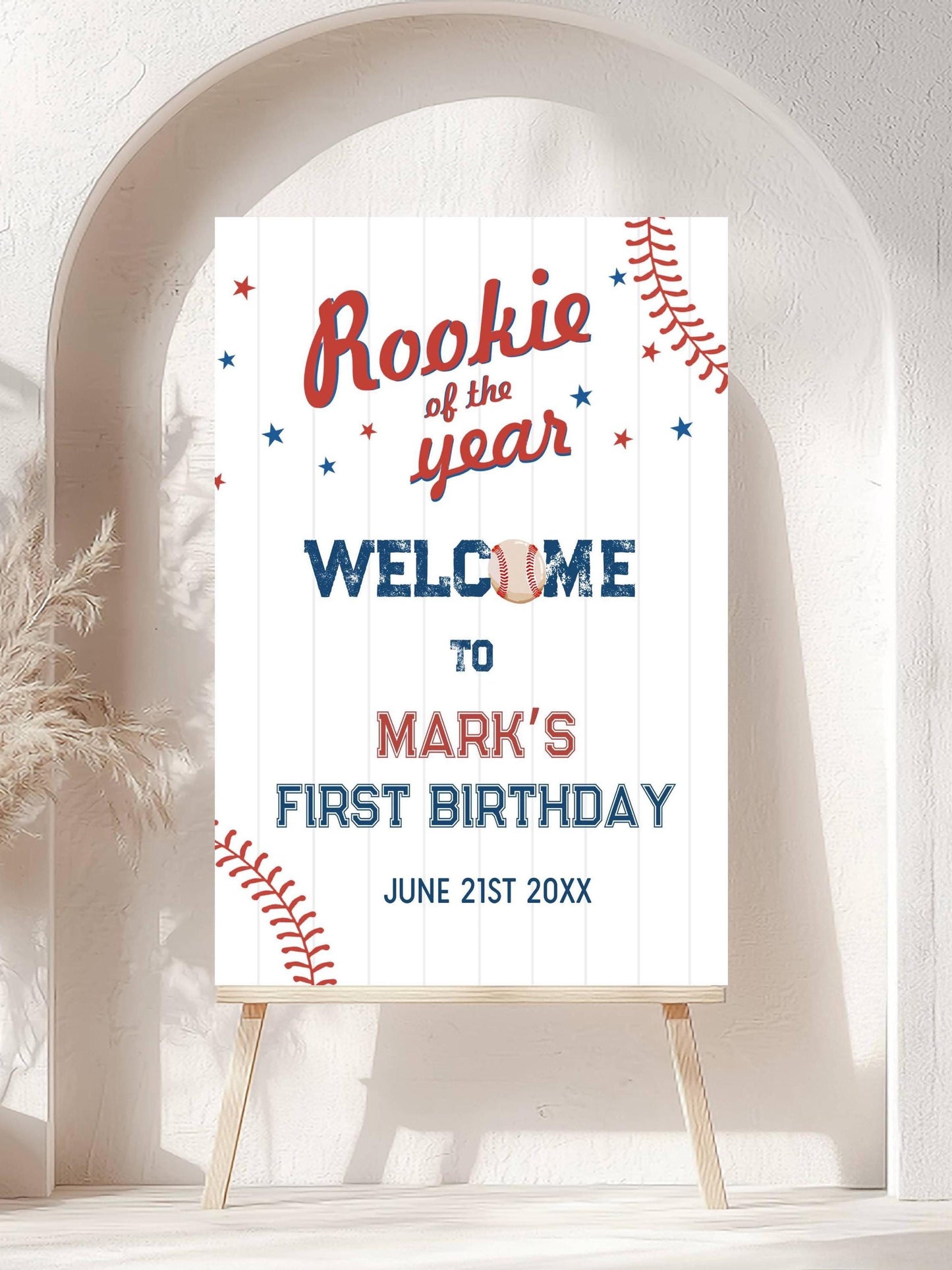 Printed Baseball Rookie of the Year 1st Birthday Welcome Sign, Custom Foam Board Birthday Decor, Boy First Birthday Sports Theme Custom Sign