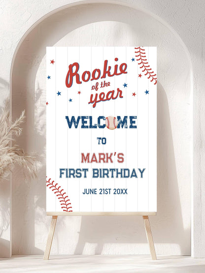 Printed Baseball Rookie of the Year 1st Birthday Welcome Sign, Custom Foam Board Birthday Decor, Boy First Birthday Sports Theme Custom Sign