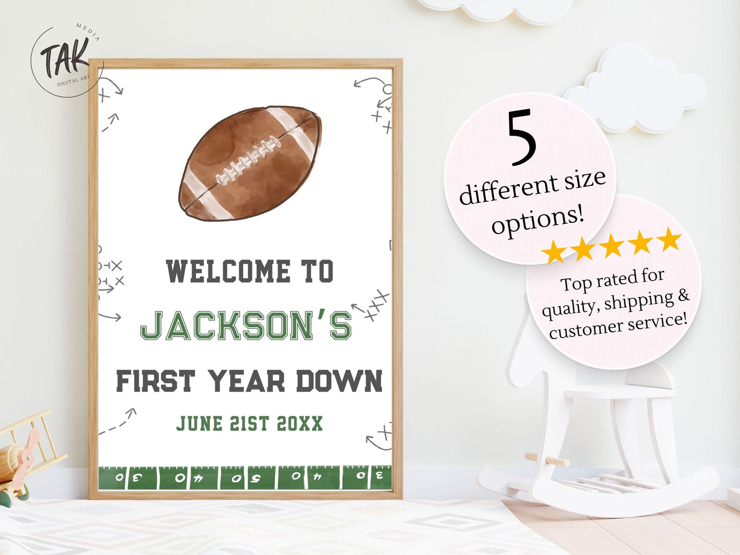 Printed Football First Birthday Welcome Sign, Custom Name Kids Birthday Party Board, Sports Theme Party Foam Board, Boy Party Birthday Decor
