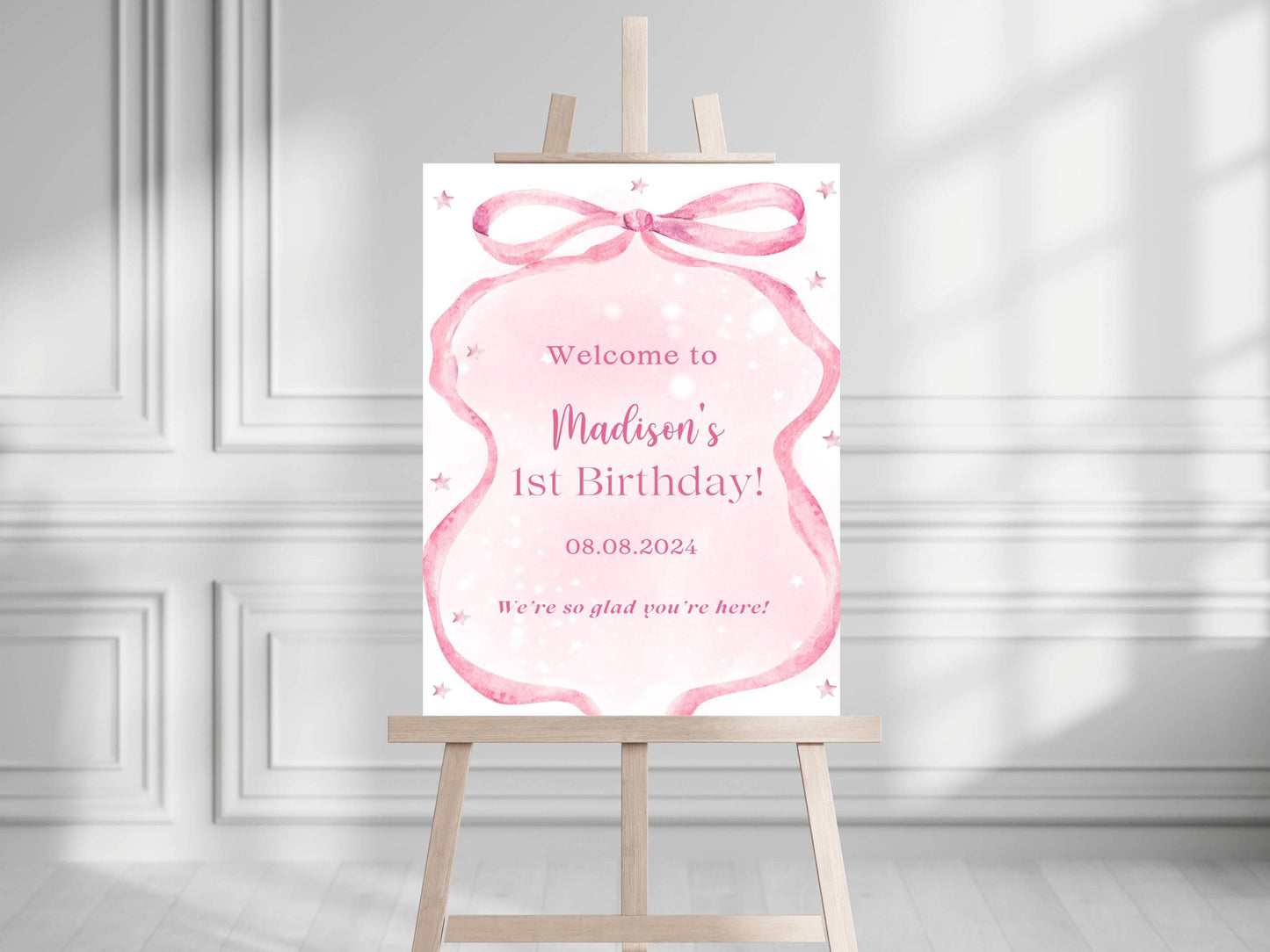 Printed Pink Ribbon 1st Birthday Foam Board Welcome Sign, Girl Party Foam Board, Floral Bow Theme, Personalized Name Poster Birthday Decor