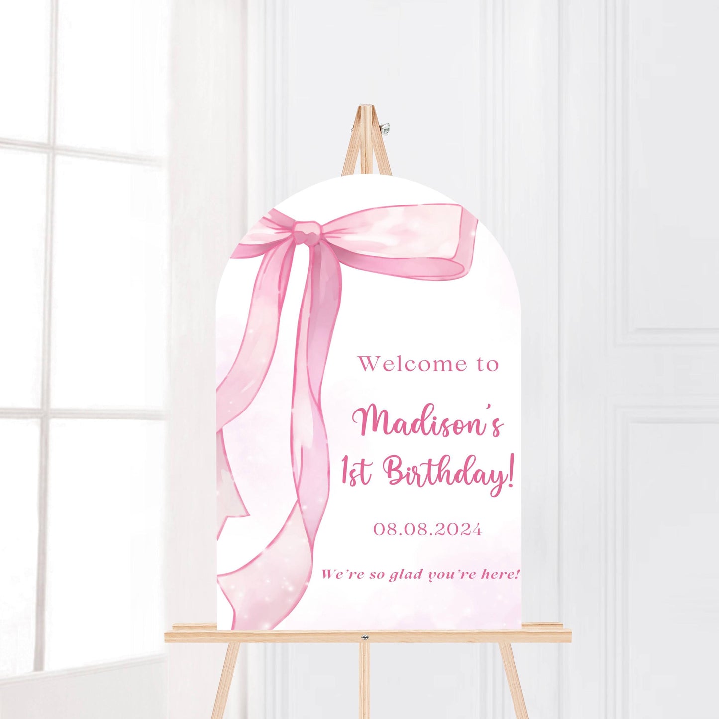 Printed Arch Pink Bow First Birthday Sign Foam Board, Elegant Girl Welcome Sign, Custom Blush Ribbon Party Decor, Printed Shipped Display
