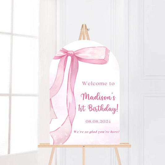 Printed Arch Pink Bow First Birthday Sign Foam Board, Elegant Girl Welcome Sign, Custom Blush Ribbon Party Decor, Printed Shipped Display
