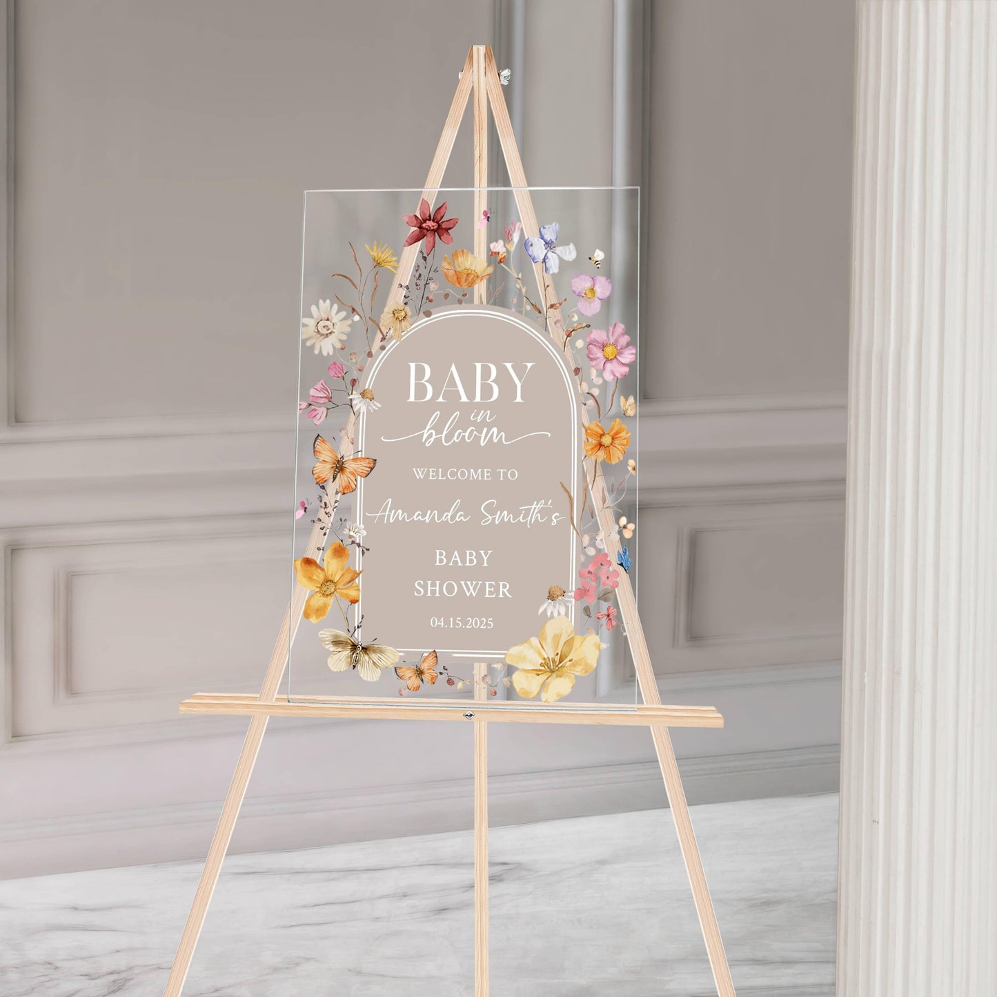 Baby in Bloom Acrylic Baby Shower Sign – Personalized Floral Welcome Sign for Spring Baby Shower