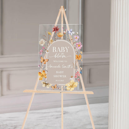 Baby in Bloom Acrylic Baby Shower Sign – Personalized Floral Welcome Sign for Spring Baby Shower