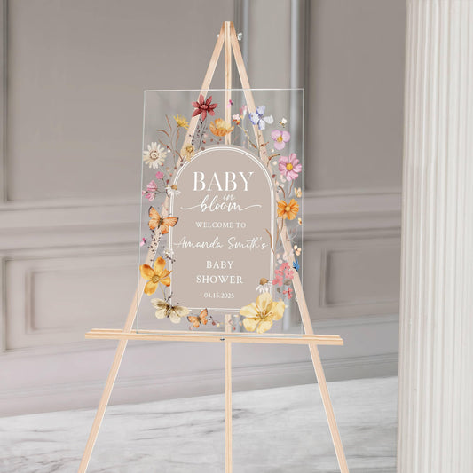 Baby in Bloom Acrylic Baby Shower Sign – Personalized Floral Welcome Sign for Spring Baby Shower