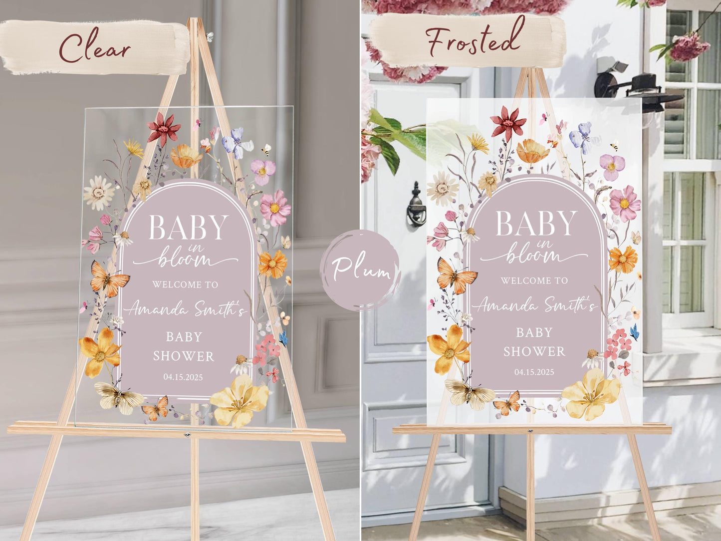 Baby in Bloom Acrylic Baby Shower Sign – Personalized Floral Welcome Sign for Spring Baby Shower, Custom Event Decor, Clear or Frosted Sign