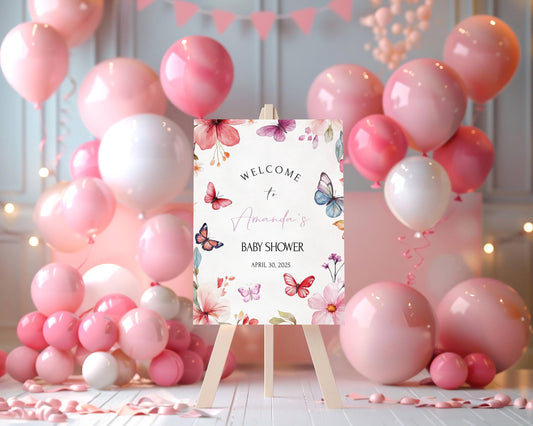 Butterfly Floral Baby Shower Welcome Sign, Floral Shower Welcome, Custom Printed Gender Neutral Custom Foam Board