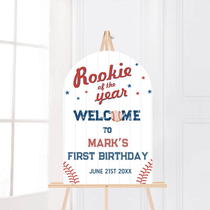 Printed Arch Baseball Rookie of the Year 1st Birthday Welcome Sign, Custom Foam Board Birthday Decor, Boy First Birthday Sports Theme Custom
