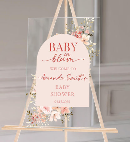 Baby in Bloom Baby Shower Sign – Custom Acrylic or Foam Board Sign, Floral Theme Welcome Sign, Personalized Baby Shower Decor, Custom Decor