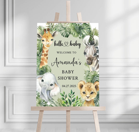 Printed Jungle Theme Baby Shower Welcome Sign, Wildlife Baby Shower Welcome, Printed Gender Neutral Jungle Theme Foam Board Welcome