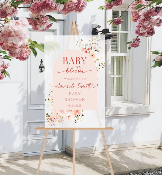 Baby in Bloom Baby Shower Sign – Custom Acrylic or Foam Board Sign, Floral Theme Welcome Sign, Personalized Baby Shower Decor, Custom Decor