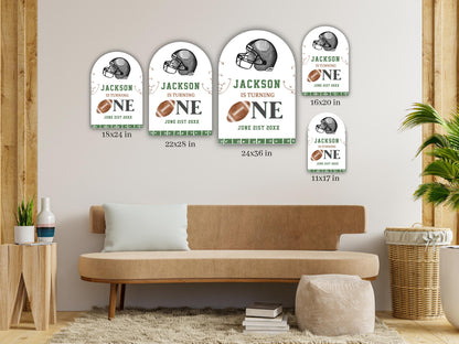 Printed Arch Football First Birthday Welcome Sign, Custom Name Kids Birthday Party Board, Sports Theme Party Foam Board, Boy Birthday Decor