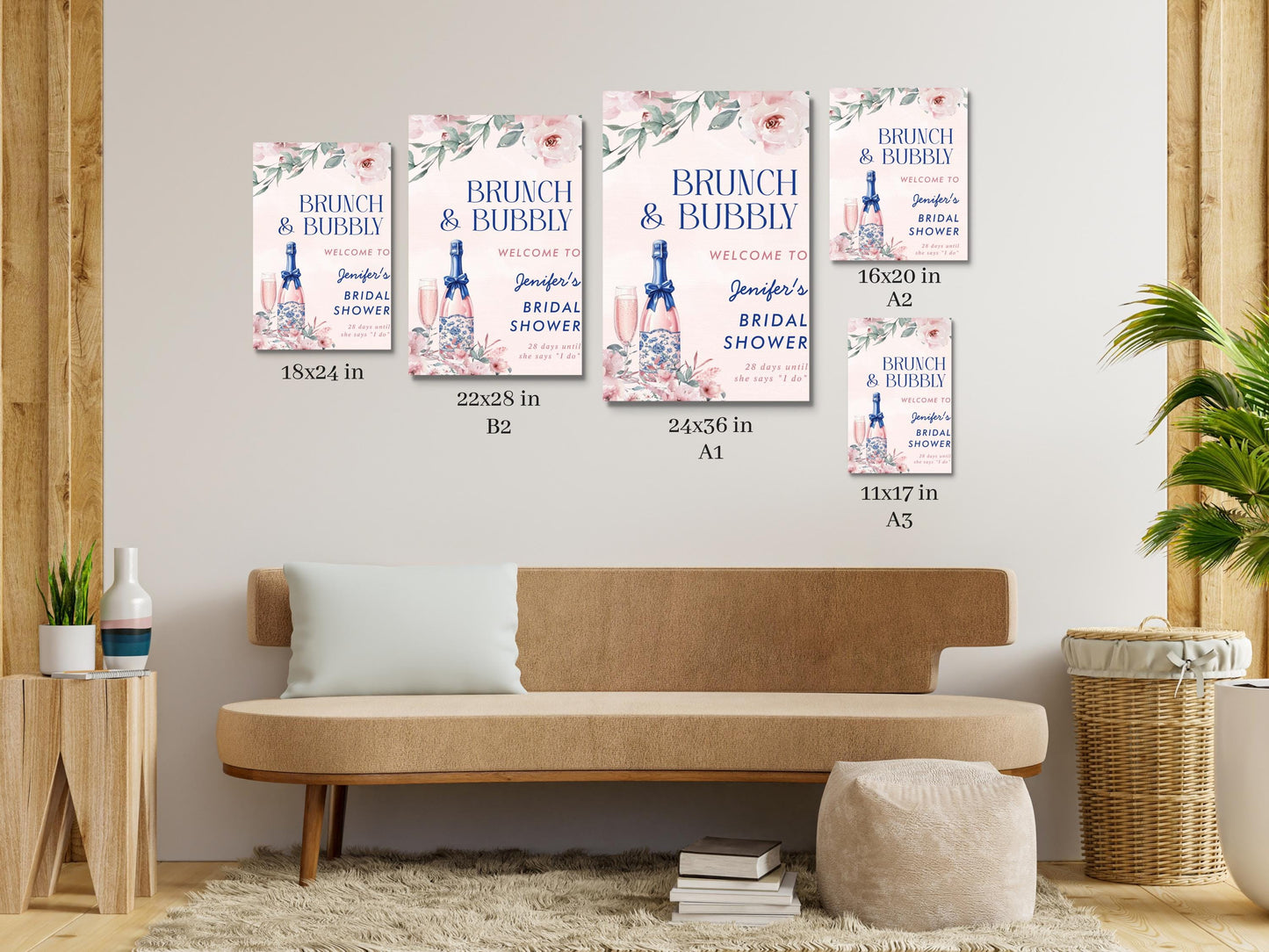 Printed Brunch and Bubbly Bridal Shower Welcome Sign, Pink Champagne & Blue Bows, Custom Bridal Foam Board, Floral Wedding Party Decor