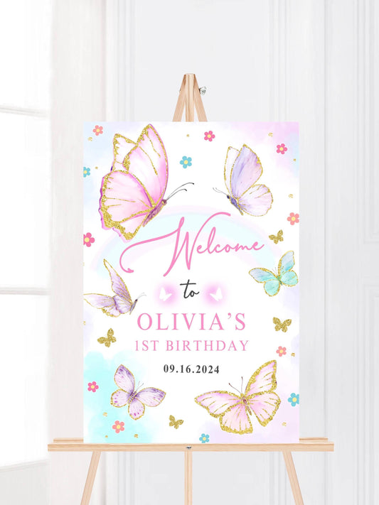 Printed Butterfly 1st Birthday Welcome Sign Foam Board Party Decor, Pink Purple Gold Glitter, Girl First Birthday Poster, Custom Welcome Art
