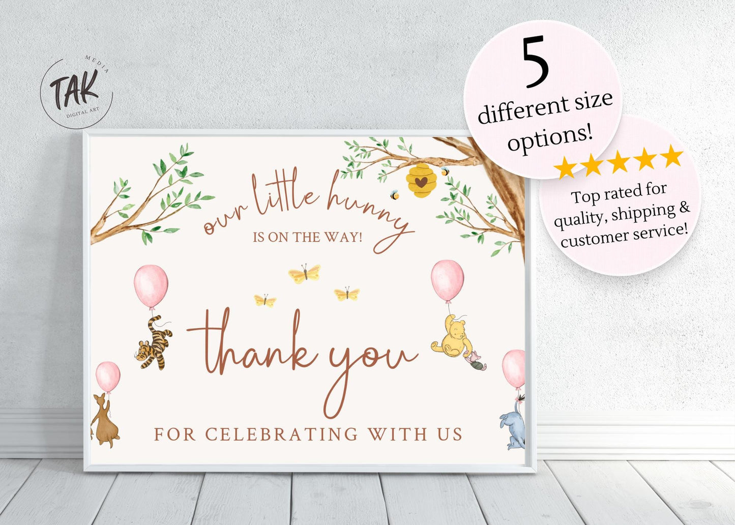 Printed Winnie The Pooh Baby Shower Welcome Sign, Custom Pooh Baby Shower Welcome, Printed Baby Girl Winnie The Pooh Foam Board Welcome Sign