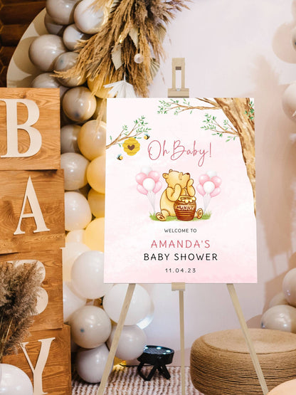 Winnie The Pooh Baby Shower Welcome Sign, Pooh Baby Shower Welcome, Custom Printed Baby Girl Winnie The Pooh