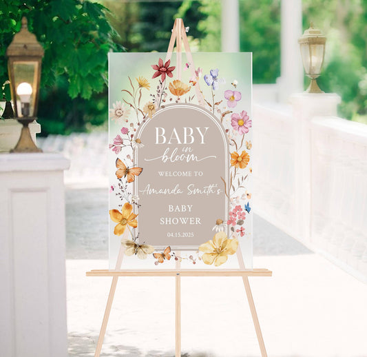 Baby in Bloom Acrylic Baby Shower Sign – Personalized Floral Welcome Sign for Spring Baby Shower, Custom Event DecorS