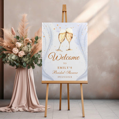 Printed Champagne Toast Bridal Shower Welcome Sign with Sparkle Background, Custom Name Foam Board, Personalized Elegant Gold Party Decor