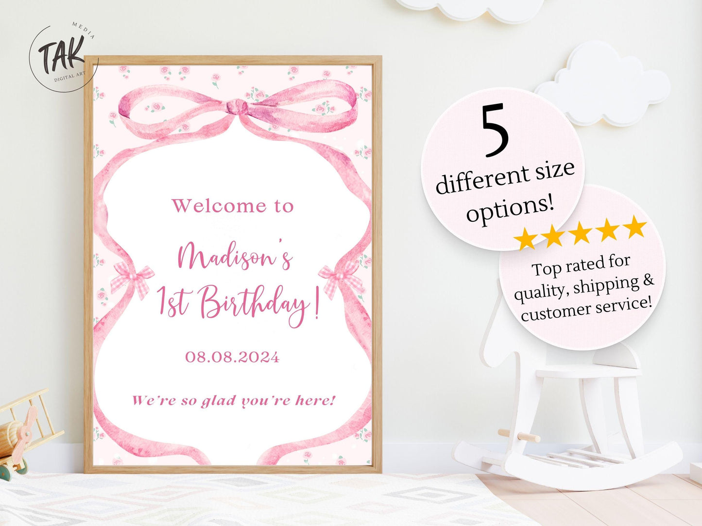 Printed Pink Ribbon 1st Birthday Foam Board Welcome Sign, Girl Party Foam Board, Floral Bow Theme, Personalized Name Poster Birthday Decor