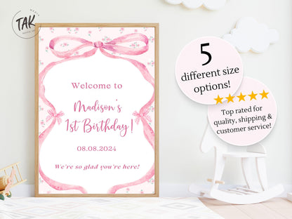 Printed Pink Ribbon 1st Birthday Foam Board Welcome Sign, Girl Party Foam Board, Floral Bow Theme, Personalized Name Poster Birthday Decor