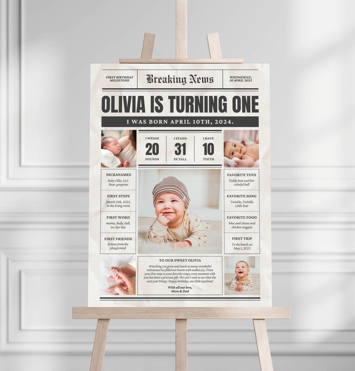 Personalized First Birthday Newspaper Sign – Custom Baby Milestone Foam Board Poster for Girl or Boy, 1st Birthday Party Decor