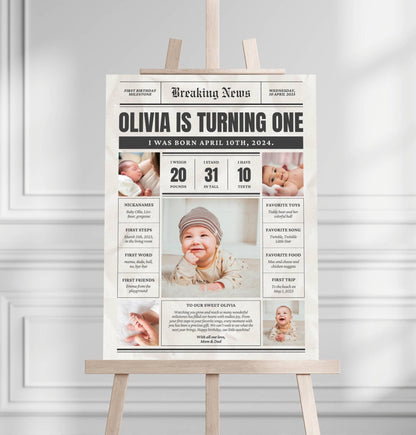 Personalized First Birthday Newspaper Sign – Custom Baby Milestone Foam Board Poster for Girl or Boy, 1st Birthday Party Decor