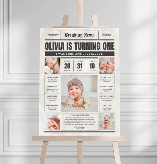 Personalized First Birthday Newspaper Sign – Custom Baby Milestone Foam Board Poster for Girl or Boy, 1st Birthday Party Decor