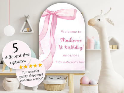 Printed Arch Pink Bow First Birthday Sign Foam Board, Elegant Girl Welcome Sign, Custom Blush Ribbon Party Decor, Printed Shipped Display