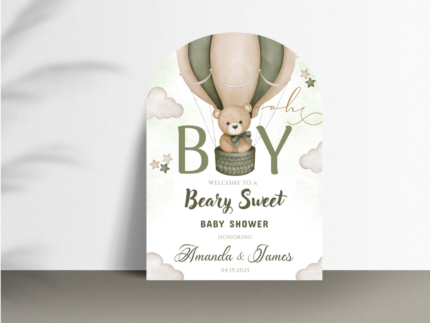 Printed Arch Beary Sweet Baby Shower Welcome Sign for Boy, Teddy Bear Hot Air Balloon Sage Theme, Custom Foam Board, Personal Neutral Decor