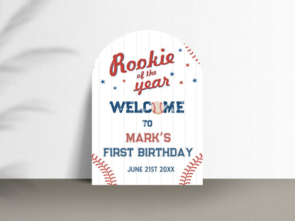 Printed Arch Baseball Rookie of the Year 1st Birthday Welcome Sign, Custom Foam Board Birthday Decor, Boy First Birthday Sports Theme Custom