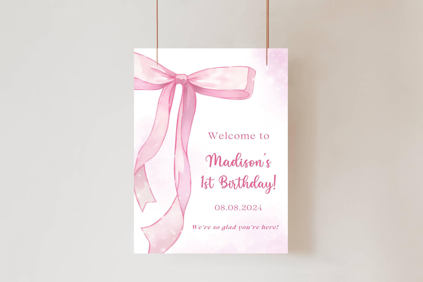 Printed Pink Bow First Birthday Sign Foam Board, Elegant Girl Welcome Poster, Custom Blush Ribbon Party Decor, Printable or Shipped Display