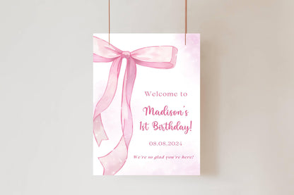 Printed Pink Bow First Birthday Sign Foam Board, Elegant Girl Welcome Poster, Custom Blush Ribbon Party Decor, Printable or Shipped Display